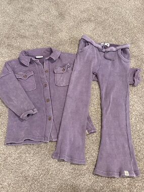 Cotton On Lilac Ribbed Button-Up Shirt & Drawstring Flare Pants Set
